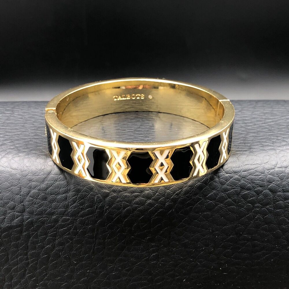 Talbots Bracelet Black White Geometric Enamel‎ Gold Tone Magnetic Hinged Bangle - Picture 3 of 7